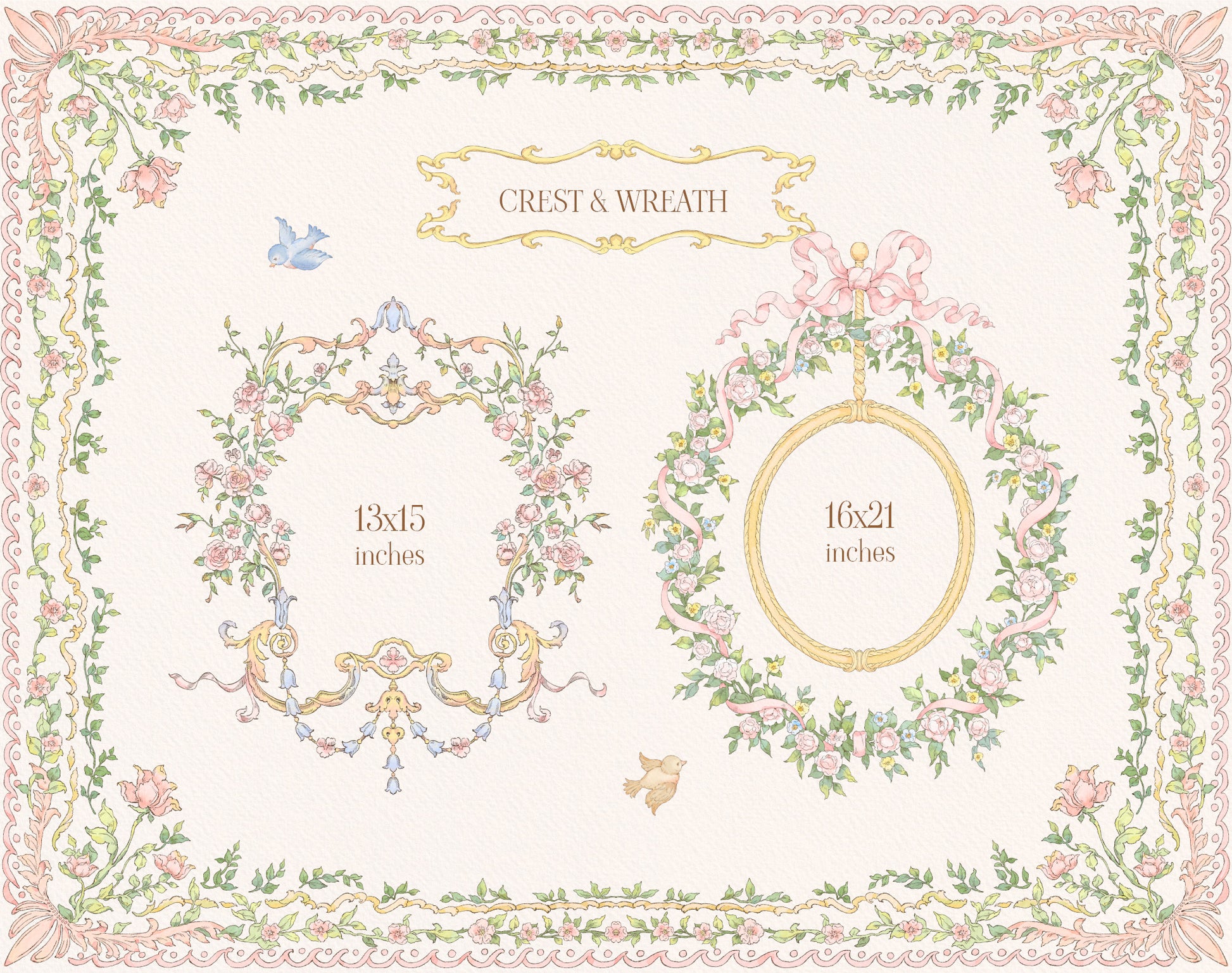 Decorative crest and wreath designs with measurements on a light background