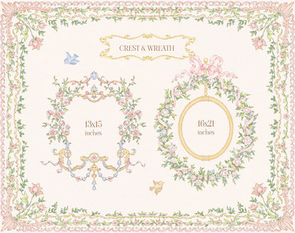 Decorative crest and wreath designs with measurements on a light background