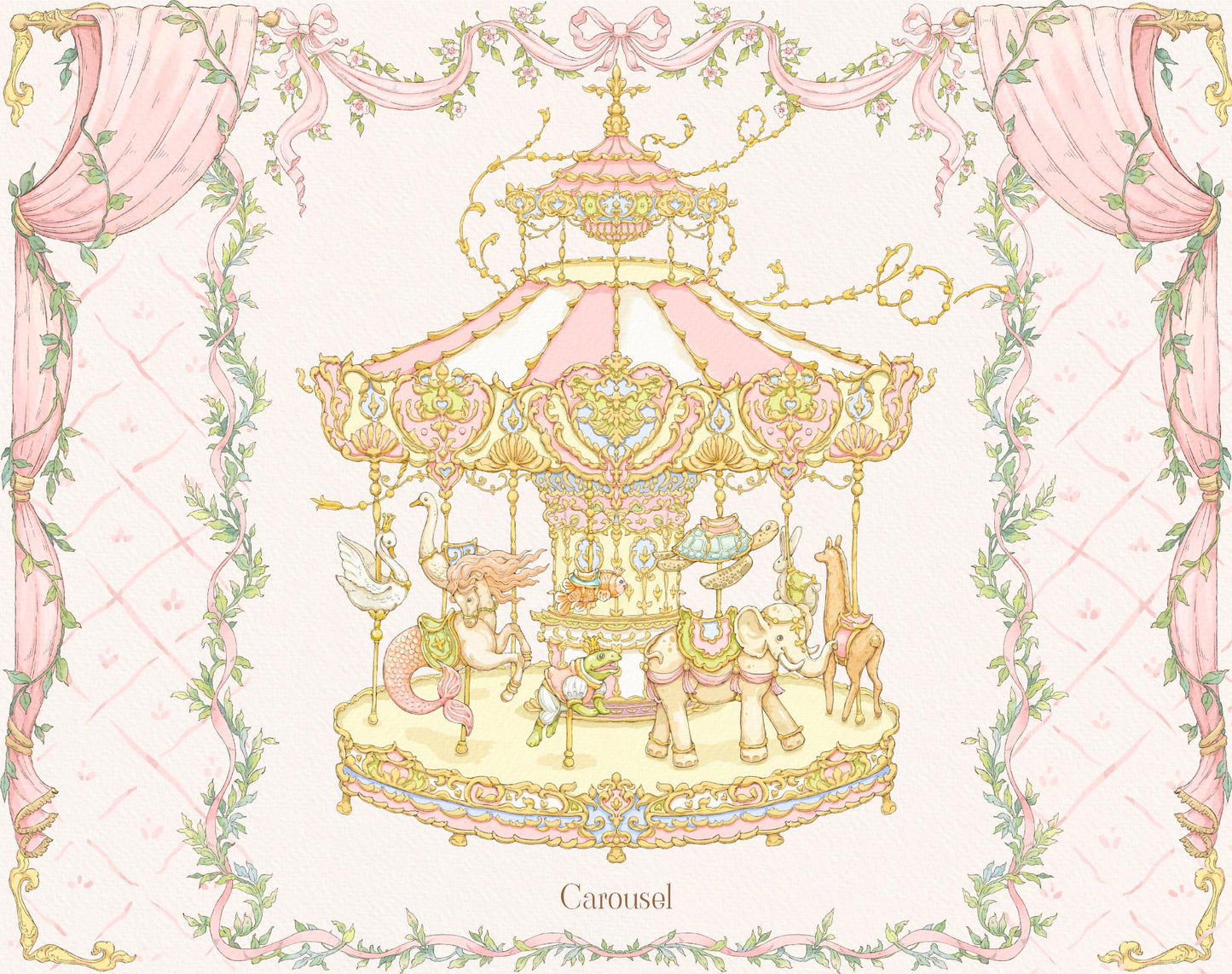 Decorative illustration of a carousel with pink and gold elements on a patterned background.