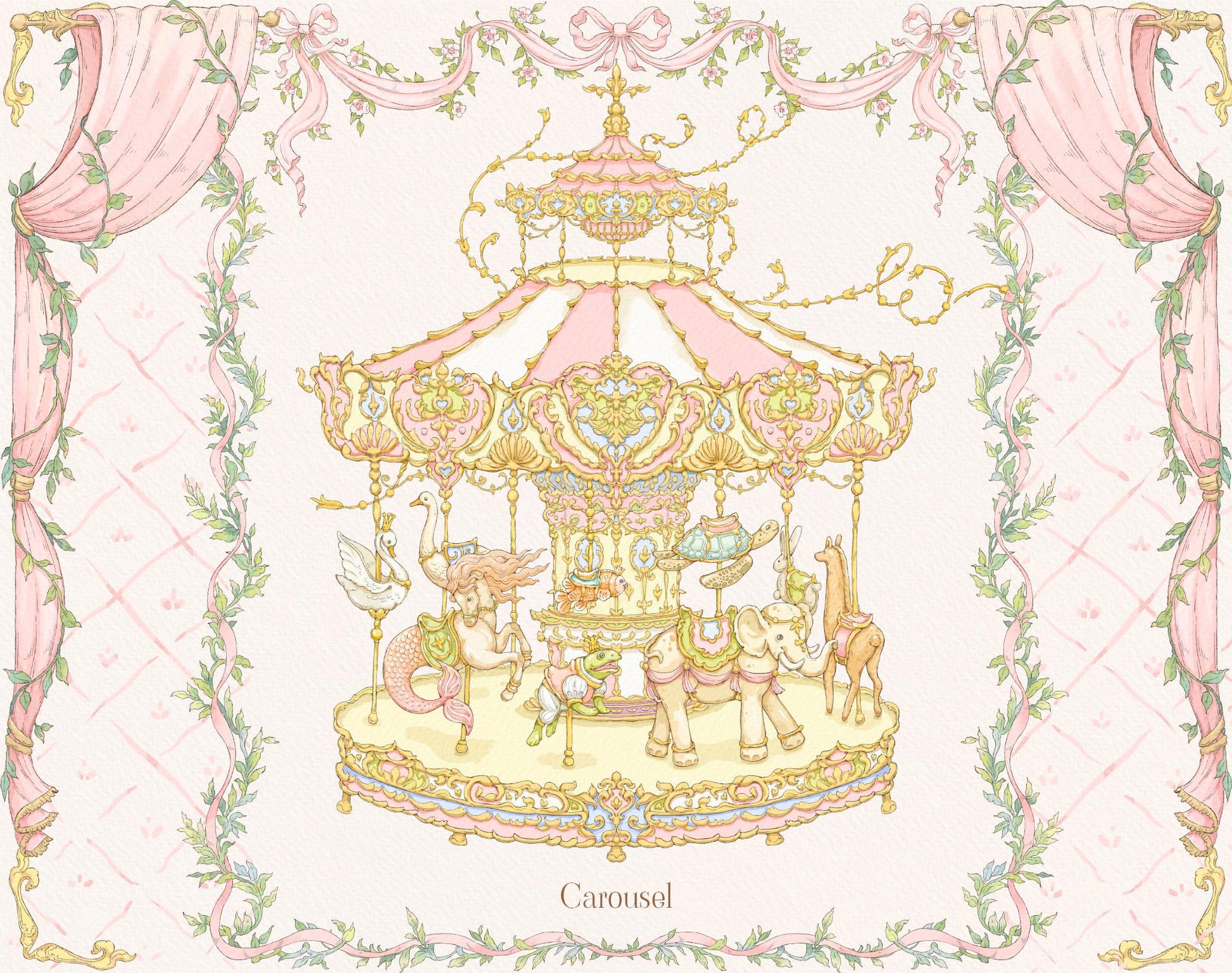 Decorative illustration of a carousel with pink and gold elements on a patterned background.