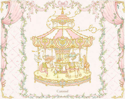 Decorative illustration of a carousel with pink and gold elements on a patterned background.