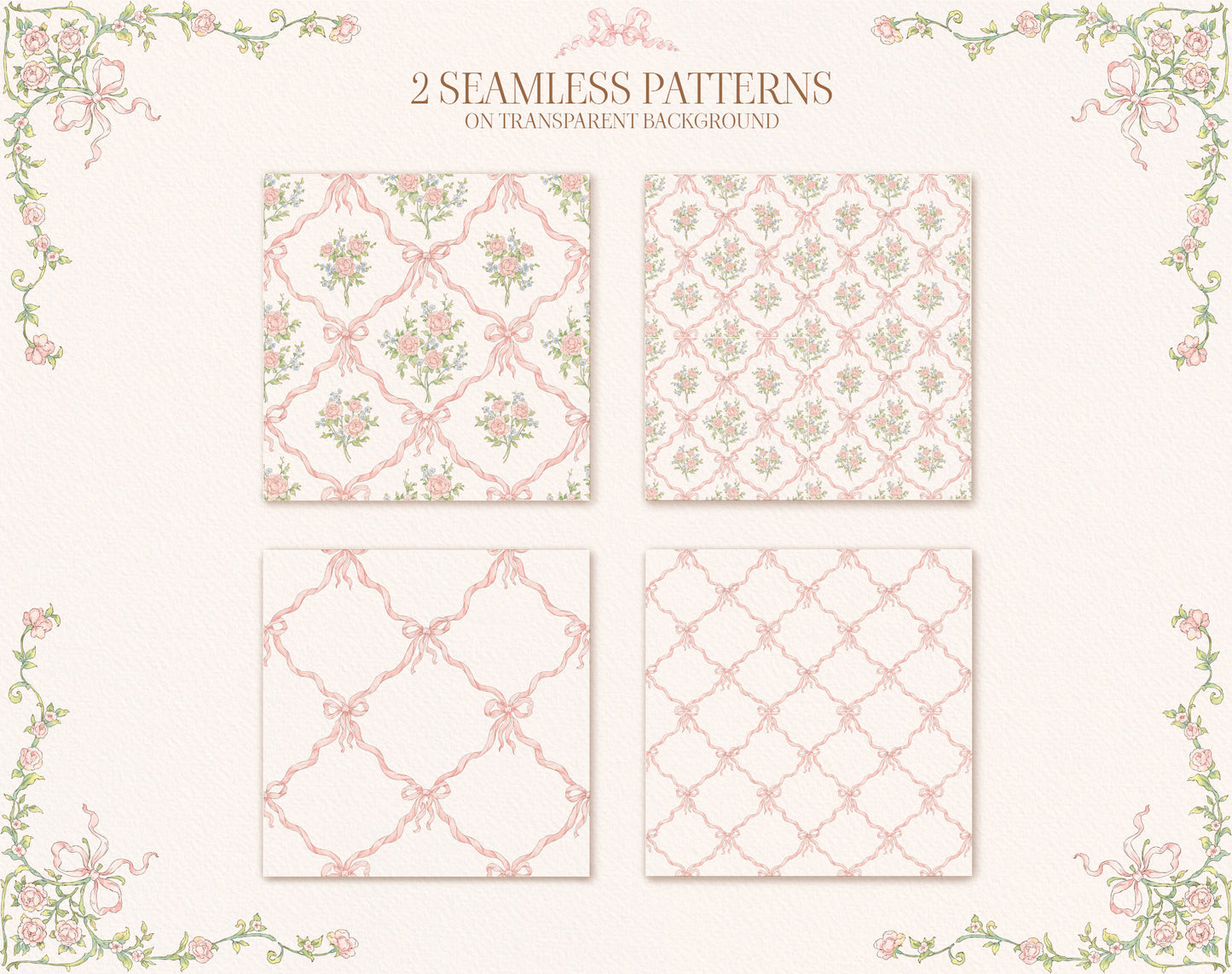 Set of four floral geometric patterns on a transparent background with decorative border.