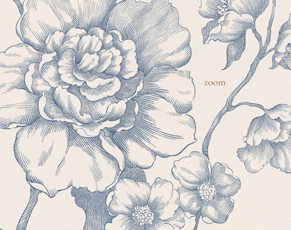 Macro detail of peony engraving — Floral Aesthetics Blue
