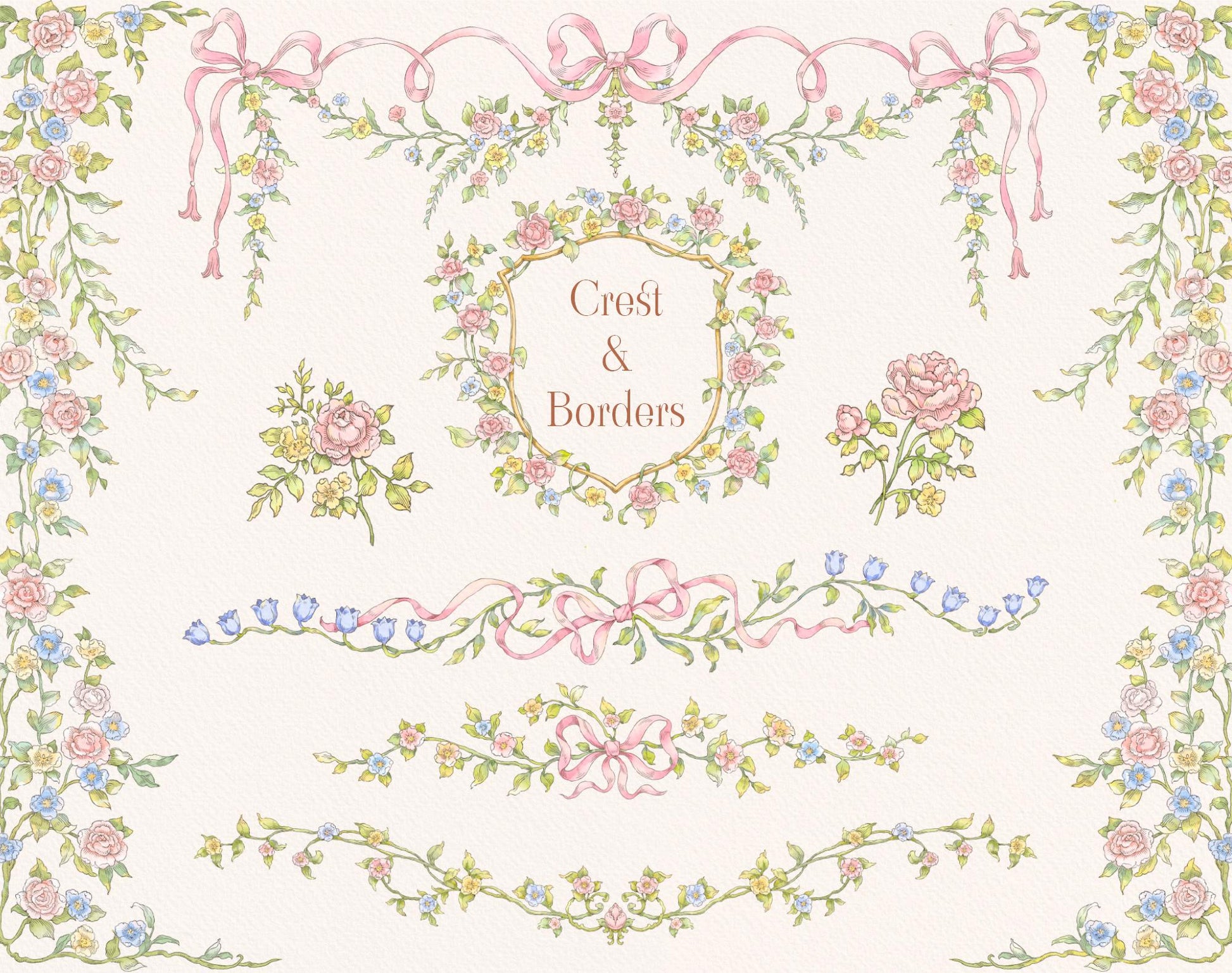 Mix-and-match watercolor vine border strips — Floral Basket ‘Floral Borders’ sheet