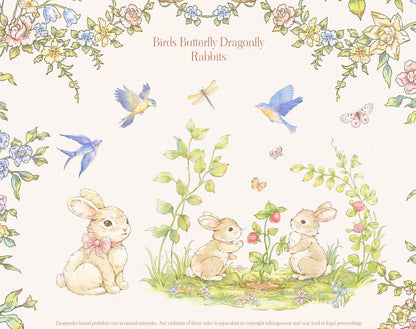 Watercolor bunny and bird vignette with floral ribbon border — Floral Basket sample