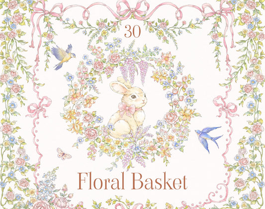 Floral Basket clip-art pack — watercolor ribbon border with bunny in wisteria wreath, songbirds and butterflies
