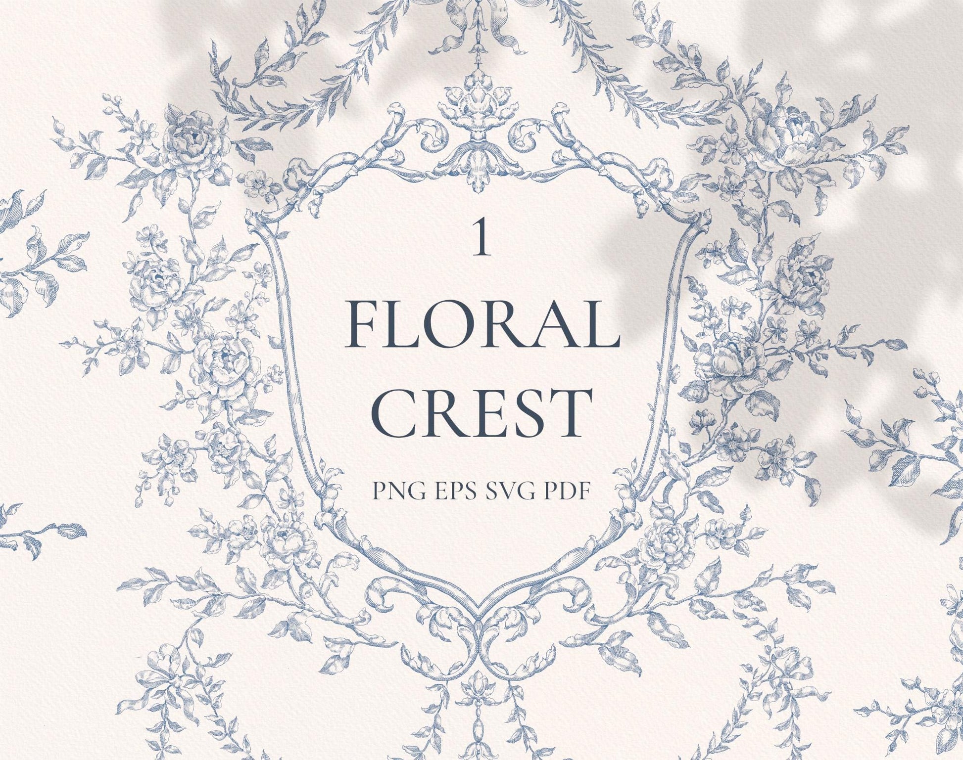 Floral Crest Blue — dusty-blue floral crest with roses and trailing vines in vintage line art