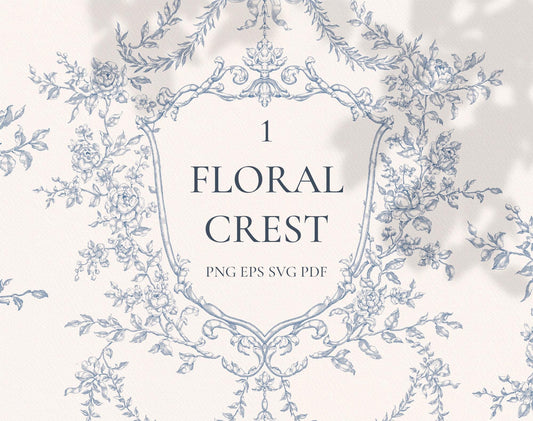 Floral Crest Blue — dusty-blue floral crest with roses and trailing vines in vintage line art