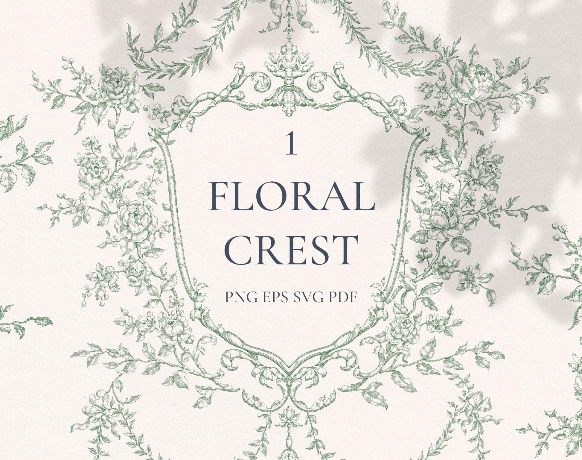 Floral Crest Green — sage-green floral crest with roses and trailing vines in vintage line art
