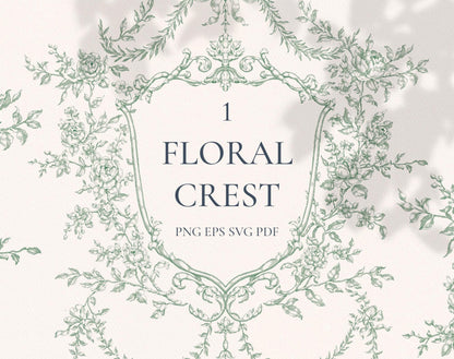 Floral Crest Green — sage-green floral crest with roses and trailing vines in vintage line art