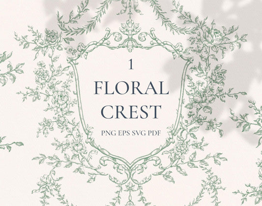 Floral Crest Green — sage-green floral crest with roses and trailing vines in vintage line art
