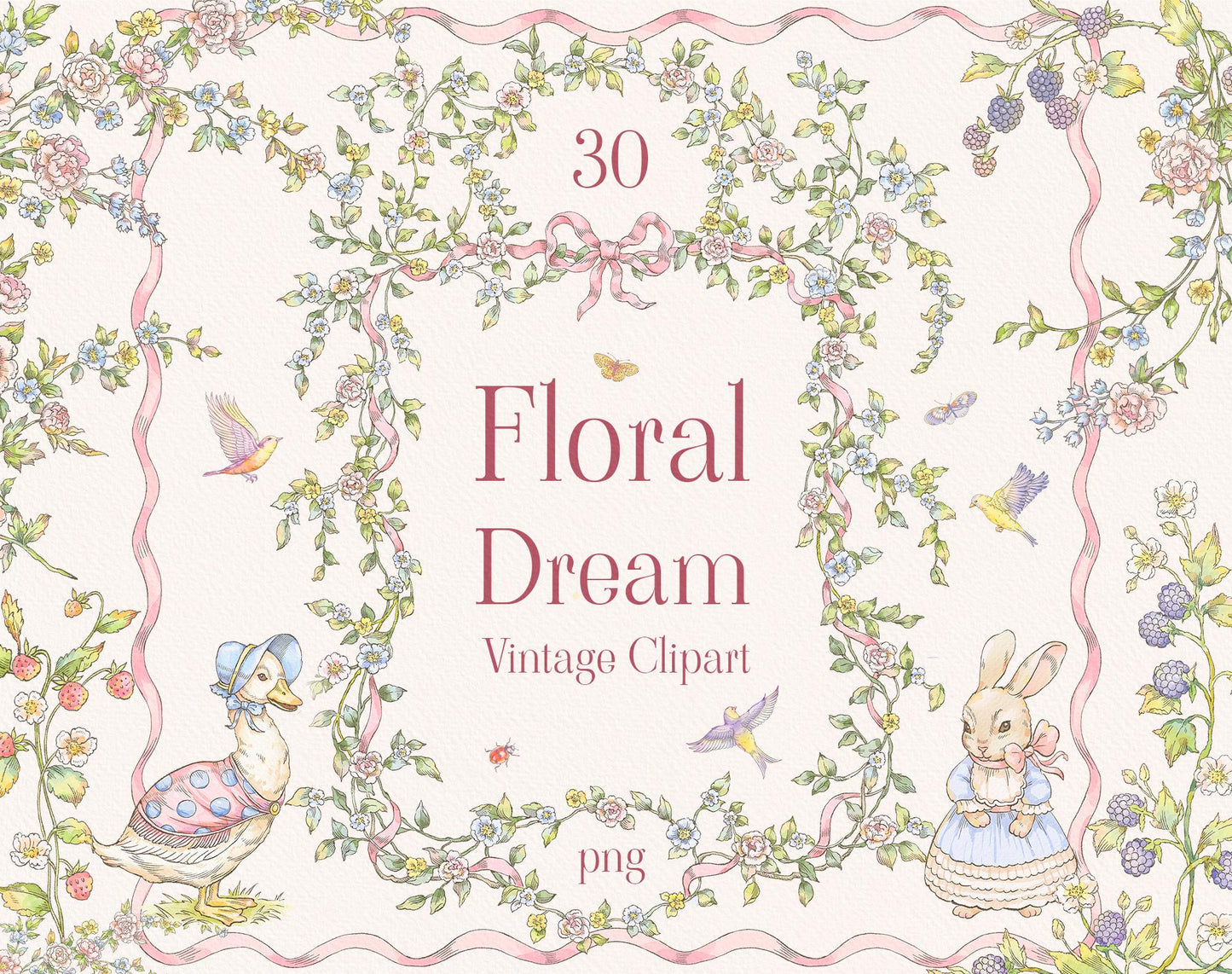 Floral Dream clip-art pack — vintage floral vine border with pink ribbon, bonnet-wearing duck, bunny in dress, birds and berries