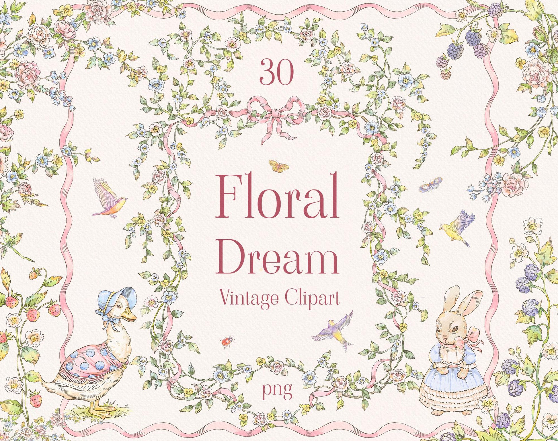 Floral Dream clip-art pack — vintage floral vine border with pink ribbon, bonnet-wearing duck, bunny in dress, birds and berries