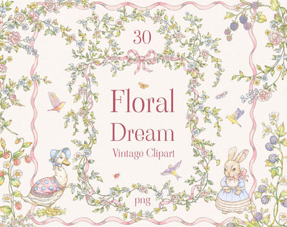 Floral Dream clip-art pack — vintage floral vine border with pink ribbon, bonnet-wearing duck, bunny in dress, birds and berries