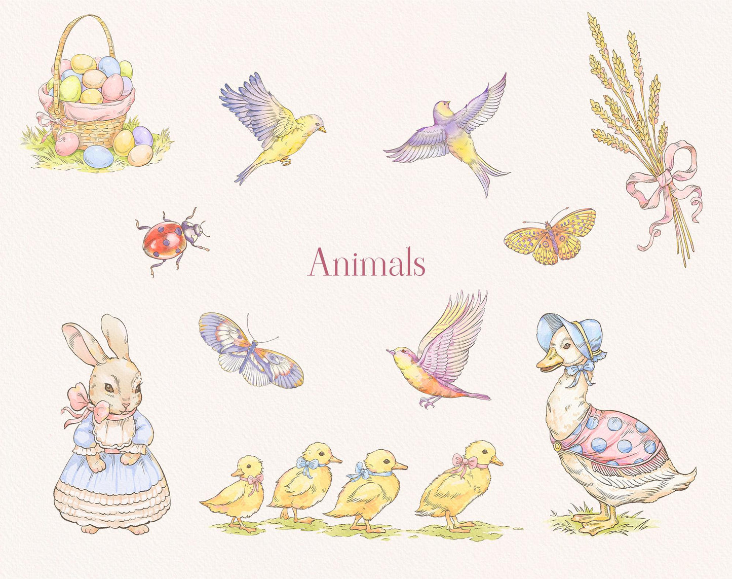 Duck, bunny, bug, butterflies, easter eags and songbird clip-art elements — Floral Dream ‘Animals’ sheet