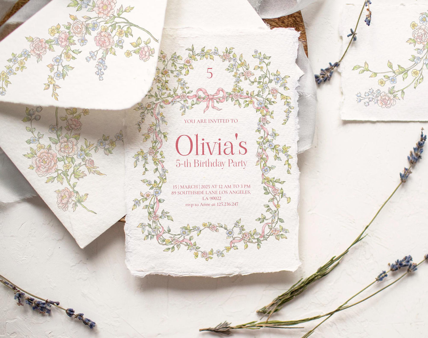 Greeting-card mock-up framed by Floral Dream border, personalised with name ‘Olivia’
