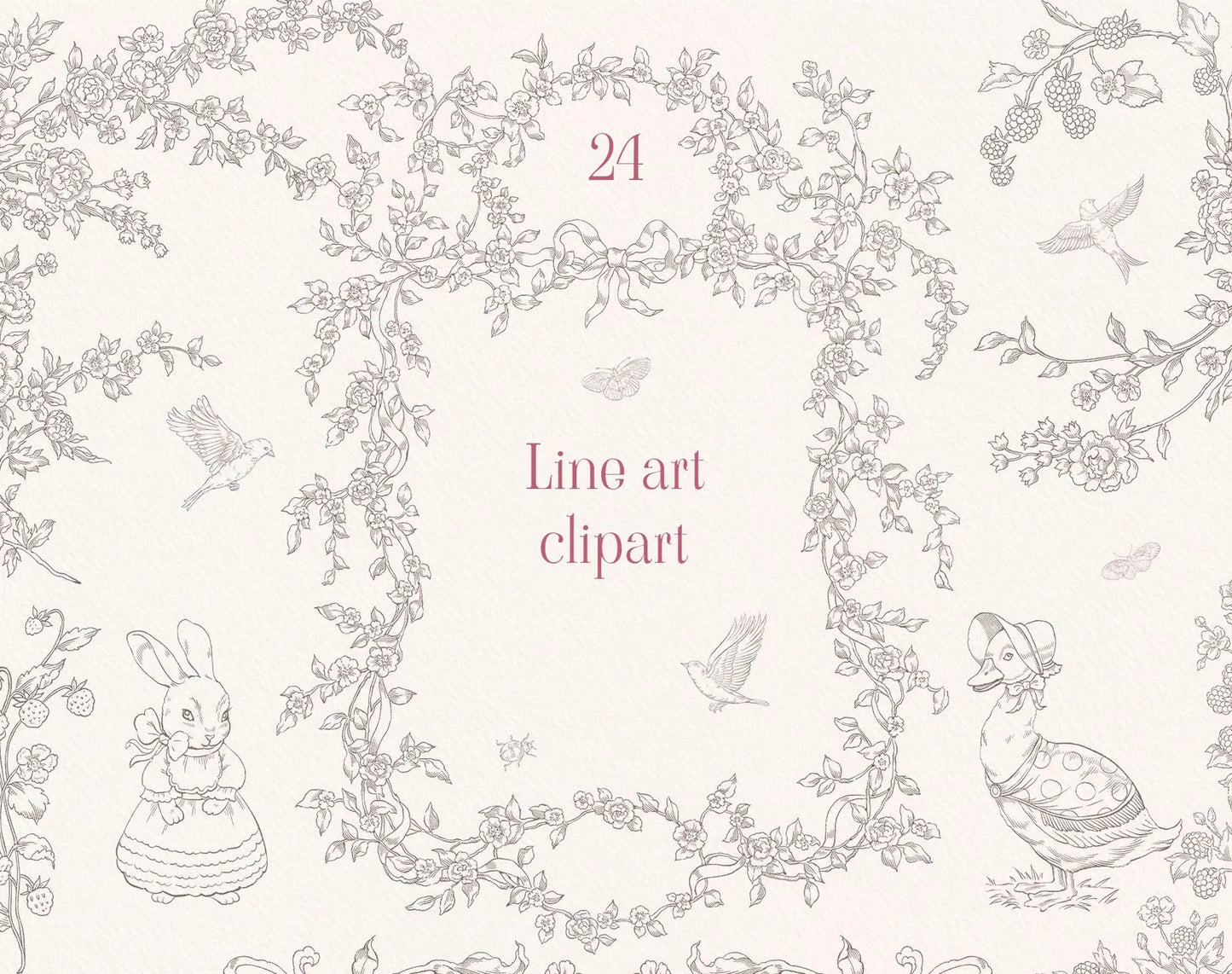 Delicate line-art versions of Floral Dream flowers and vines