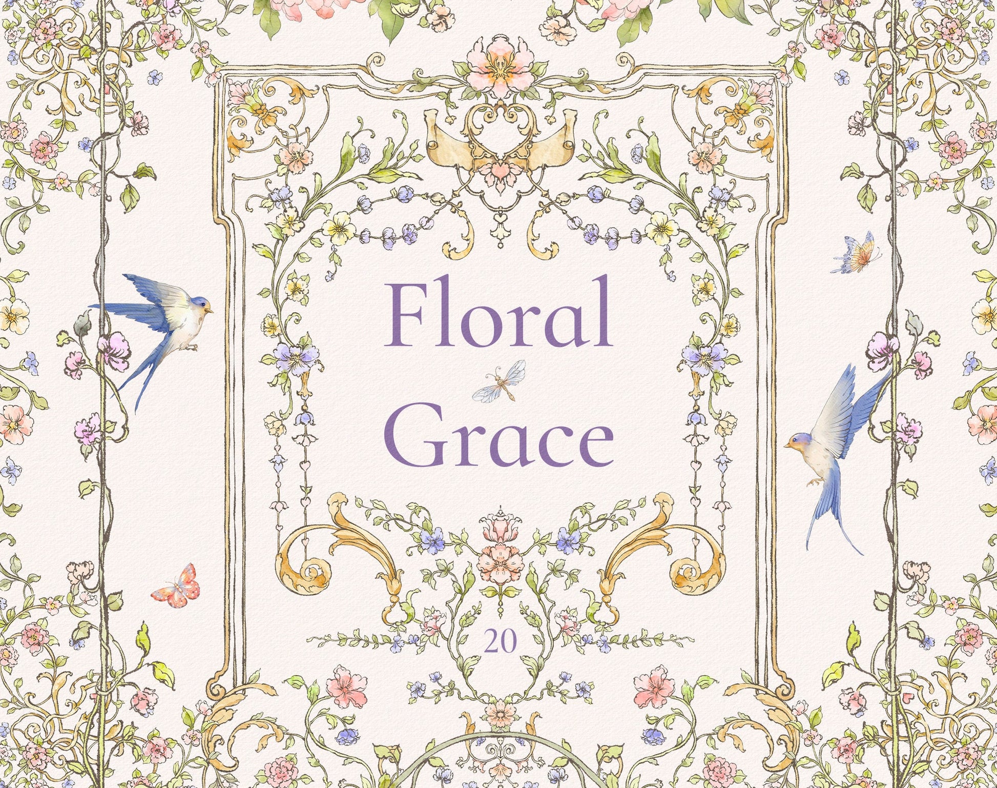 Floral Grace clip-art pack — Art-Nouveau floral frame with swallows, butterflies and garland scrolls