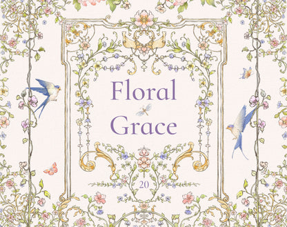 Floral Grace clip-art pack — Art-Nouveau floral frame with swallows, butterflies and garland scrolls