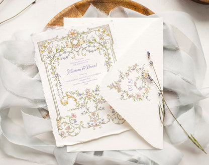 Invitation card and envelope showing Floral Grace border and garland corner