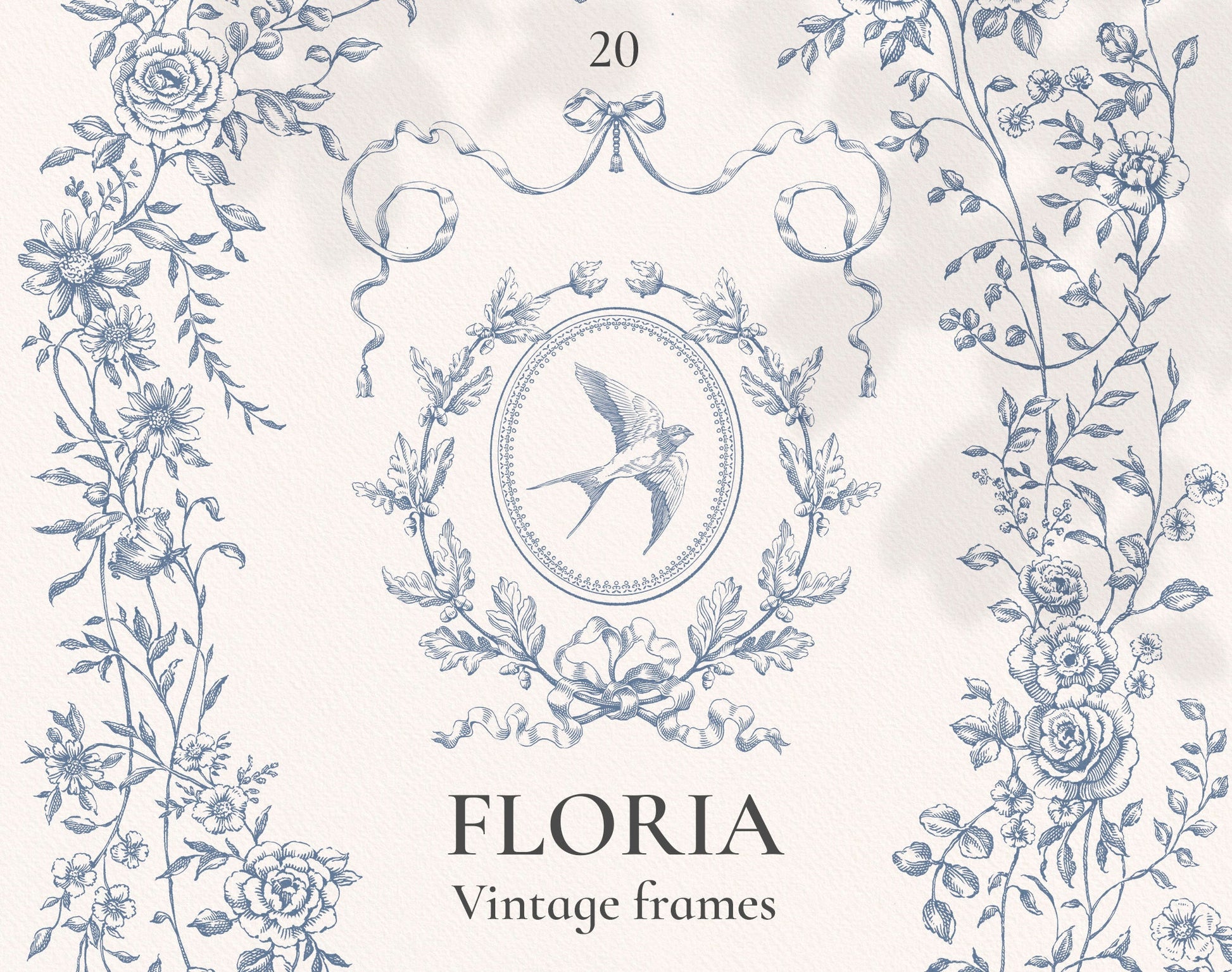 Floria Blue clip-art collection — ornate dusty-blue rose frame with swallow and ribbon scroll