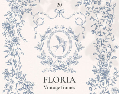 Floria Blue clip-art collection — ornate dusty-blue rose frame with swallow and ribbon scroll