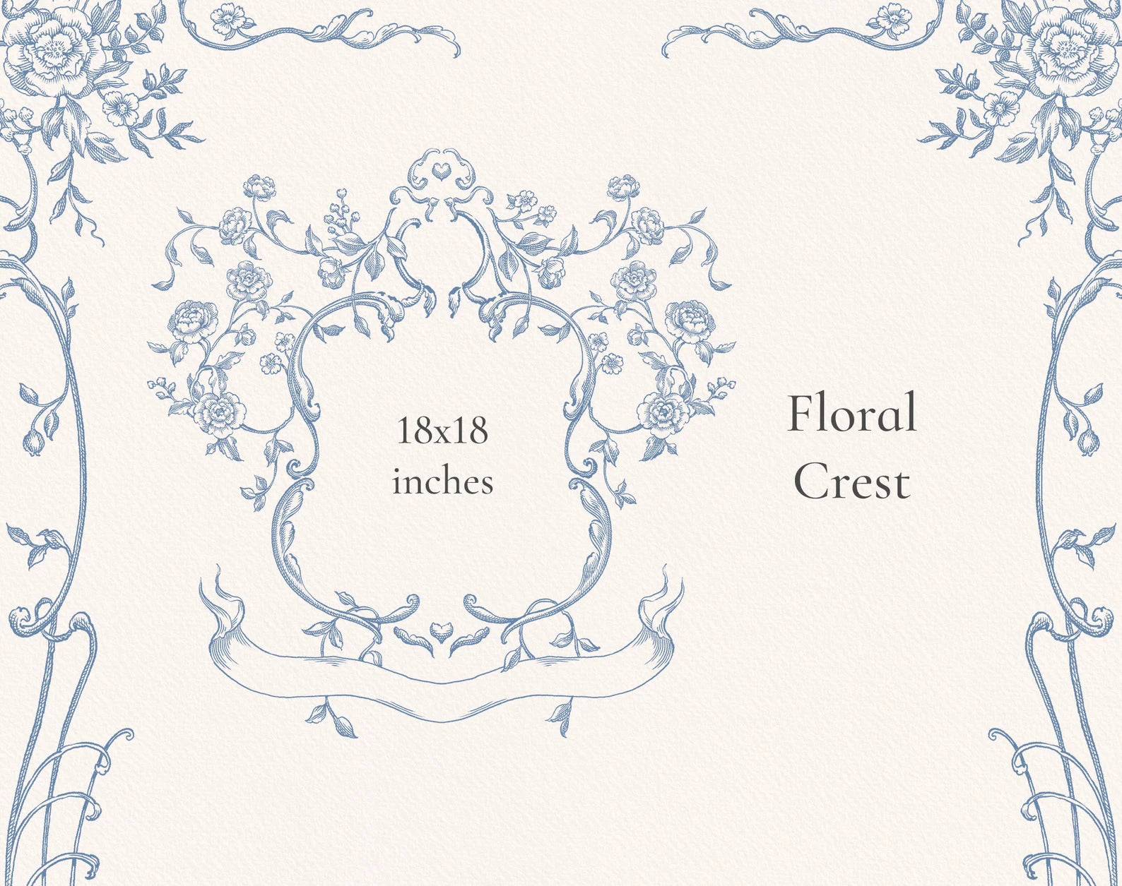 Floria Blue floral crest illustration — 18×18 inch