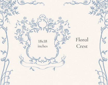 Floria Blue floral crest illustration — 18×18 inch