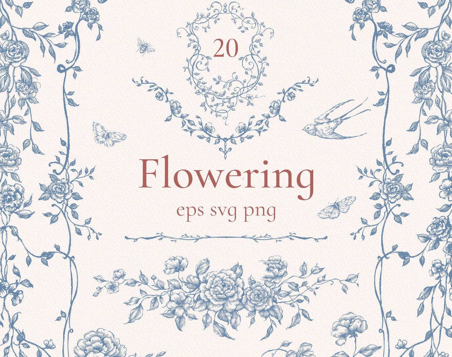 Flowering Blue watercolor clip-art pack — Victorian floral line-art frame with roses, swallow and butterflies in dusty blue