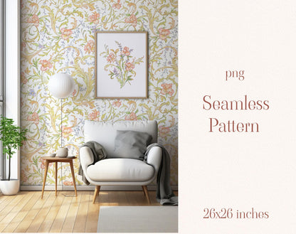 Living-room wallpaper mockup featuring the Iris seamless pattern