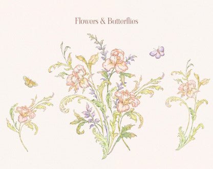 Iris pattern elements, flowers and butterflies