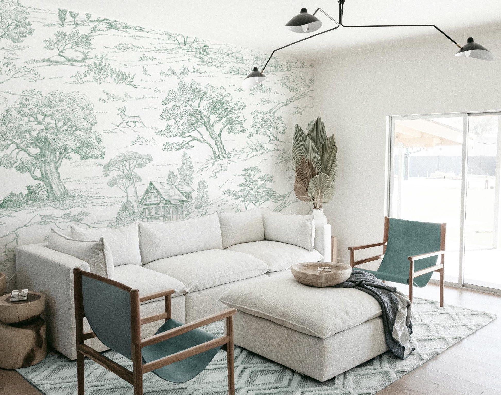 Living-room wallpaper mockup featuring Toile de Jouy Green pattern