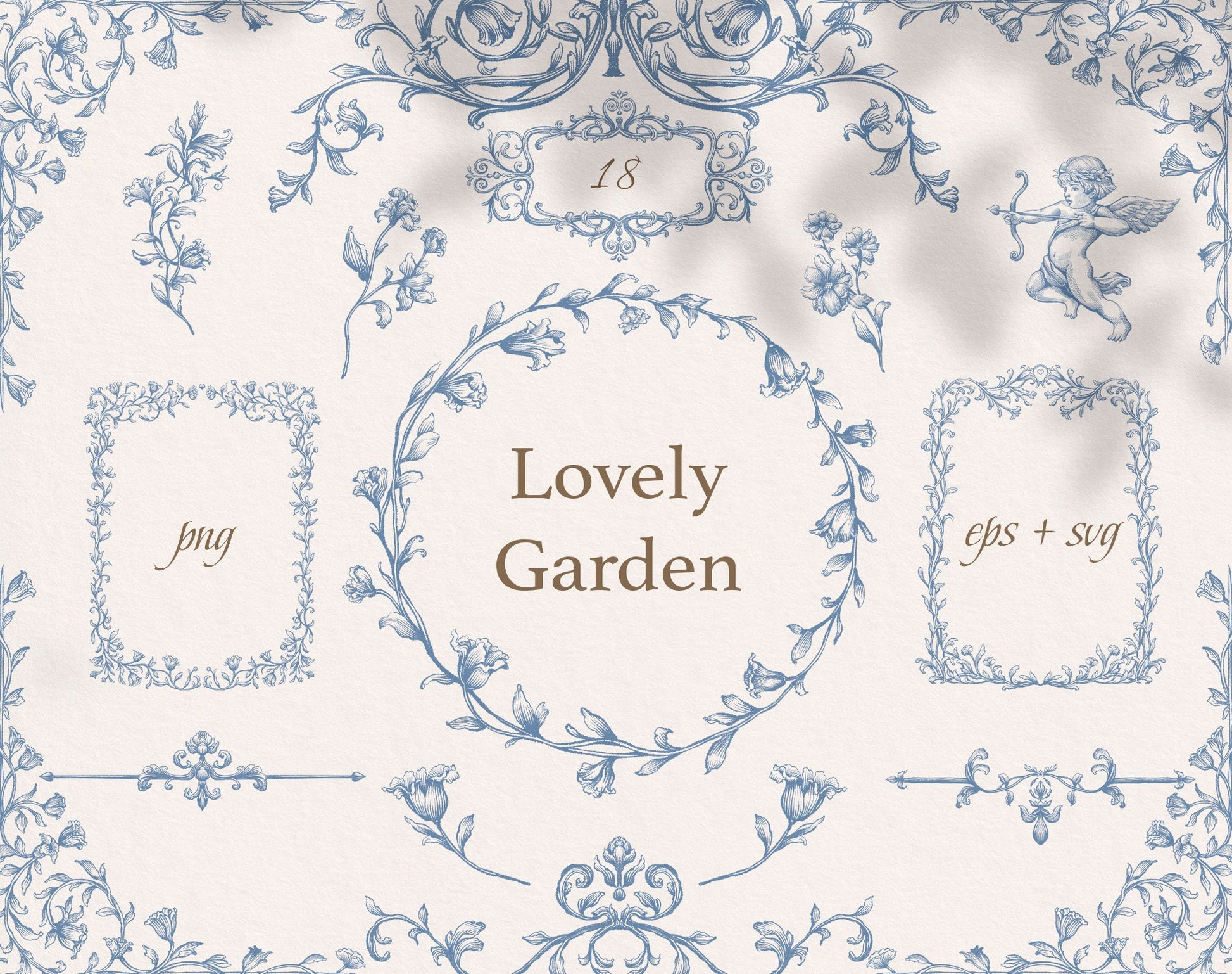 Lovely Garden Blue clip-art pack — dusty-blue Renaissance floral frames, wreath, Cupid cherub and vine borders