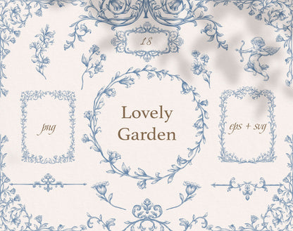 Lovely Garden Blue clip-art pack — dusty-blue Renaissance floral frames, wreath, Cupid cherub and vine borders