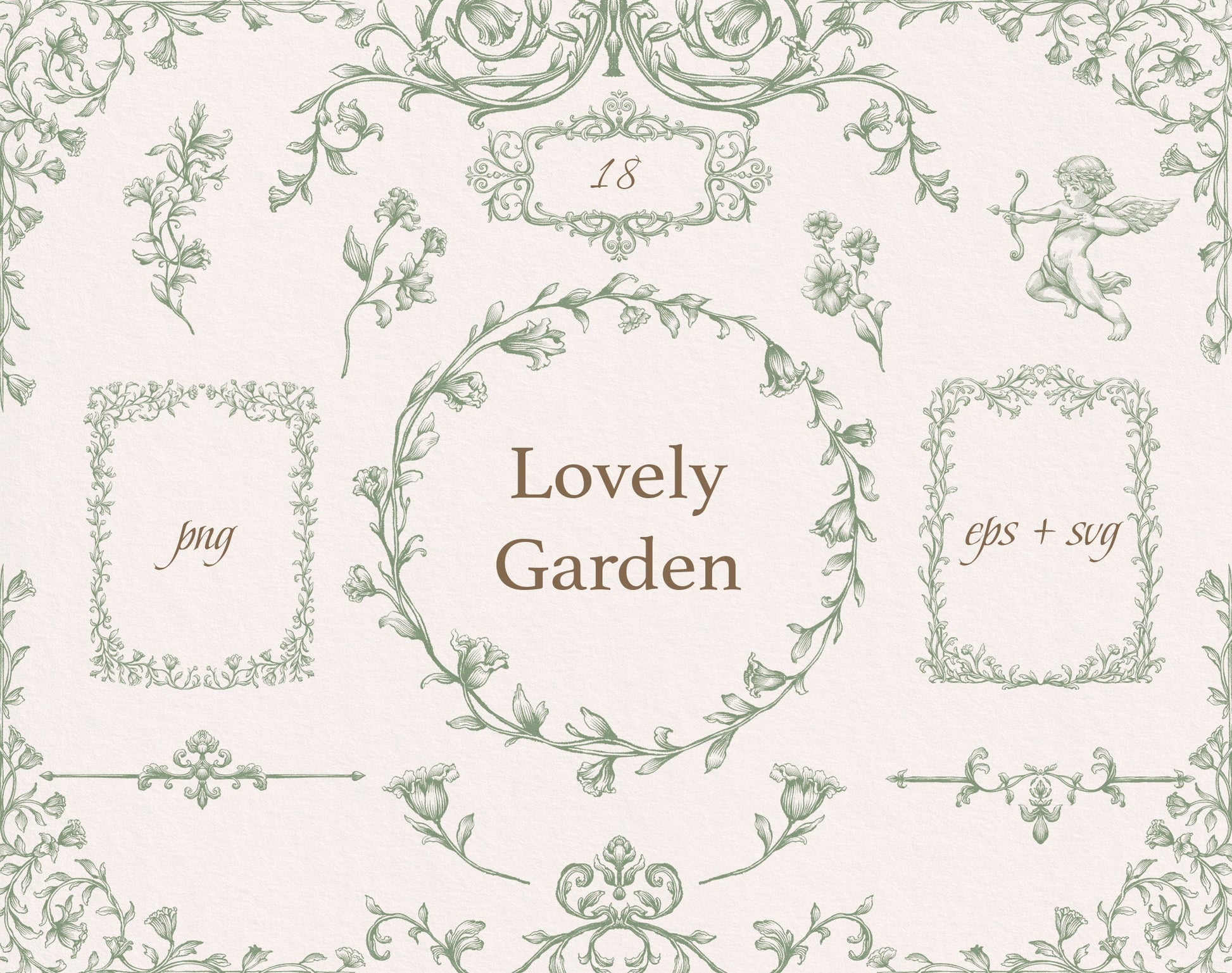 Lovely Garden Green clip-art pack — Renaissance-style dusty-green floral frames, wreath, Cupid cherub and scroll borders