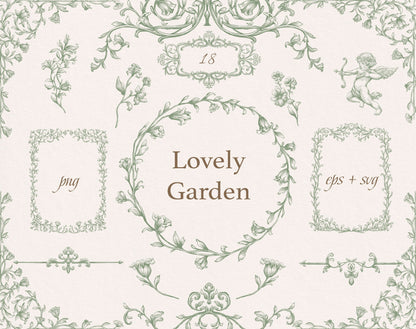 Lovely Garden Green clip-art pack — Renaissance-style dusty-green floral frames, wreath, Cupid cherub and scroll borders