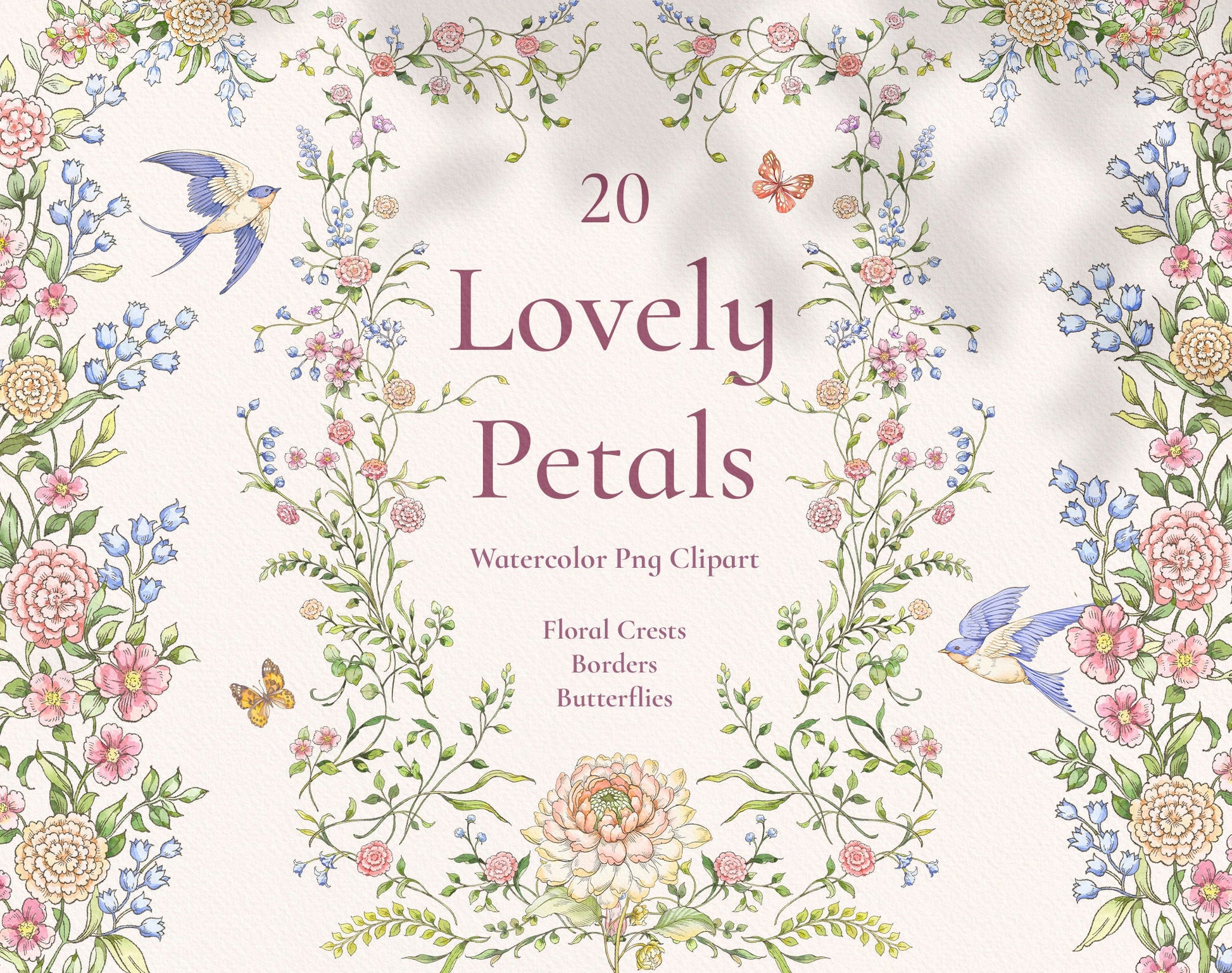 Lovely Petals clip-art pack — watercolor floral border with peonies, delphinium, butterflies and swallows
