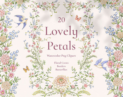 Lovely Petals clip-art pack — watercolor floral border with peonies, delphinium, butterflies and swallows