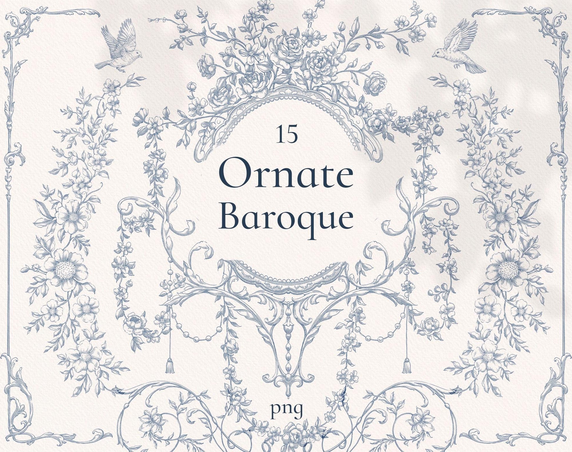 Ornate Baroque clip-art pack — dusty-blue floral swag frame with tassels, rose garlands and birds