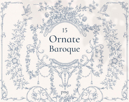 Ornate Baroque clip-art pack — dusty-blue floral swag frame with tassels, rose garlands and birds