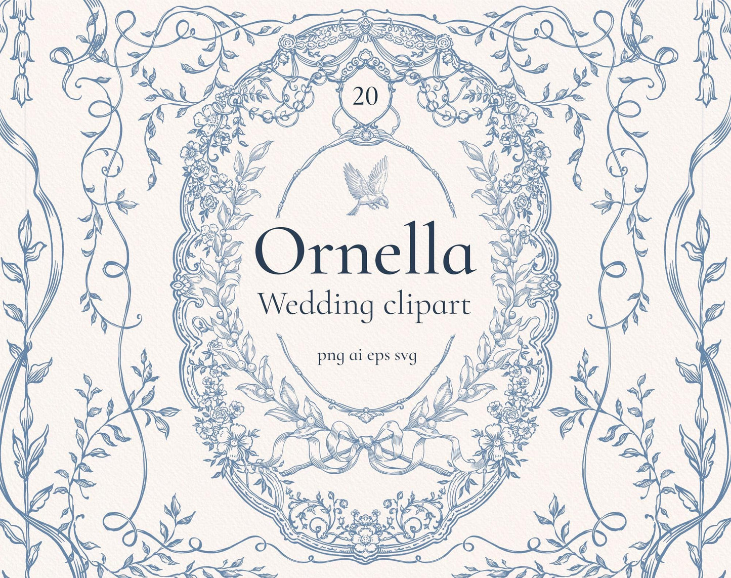 Ornella Blue clip-art pack — ornate blue floral oval frame with dove, ribbon scrolls and trailing vines