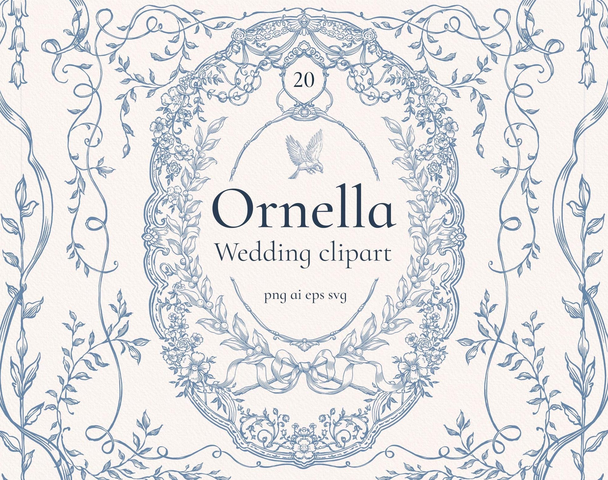 Ornella Blue clip-art pack — ornate blue floral oval frame with dove, ribbon scrolls and trailing vines