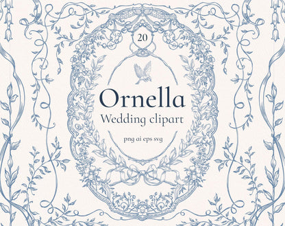 Ornella Blue clip-art pack — ornate blue floral oval frame with dove, ribbon scrolls and trailing vines