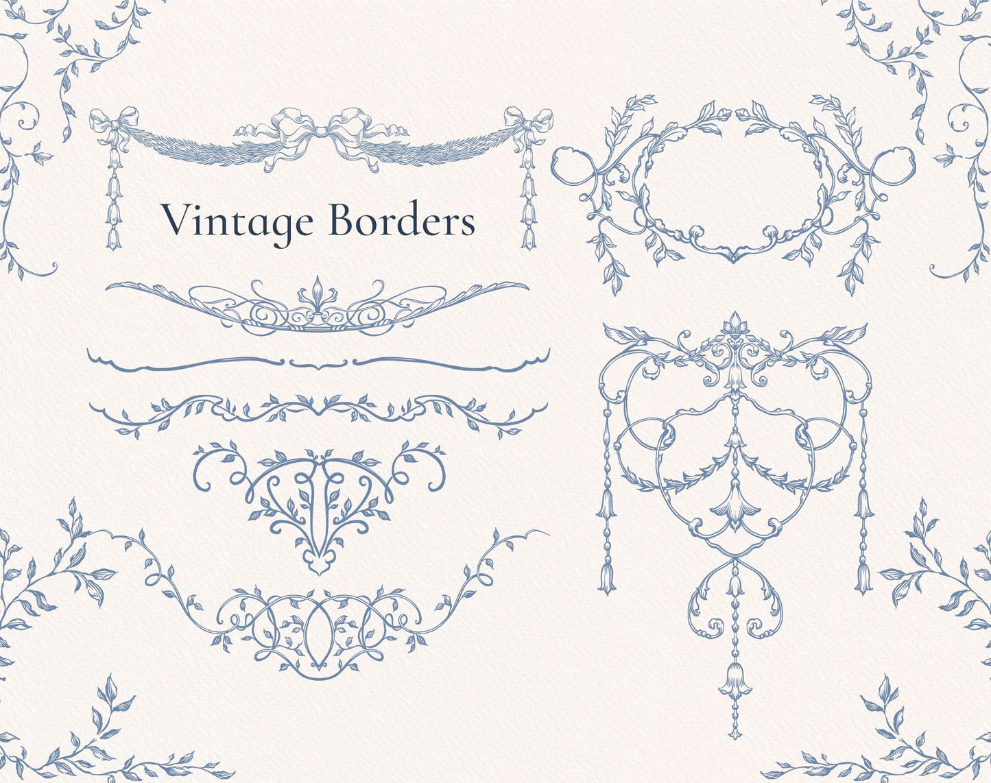 Rose-garland borders and hanging swag samples — Ornella Blue ‘Vintage Borders’ sheet