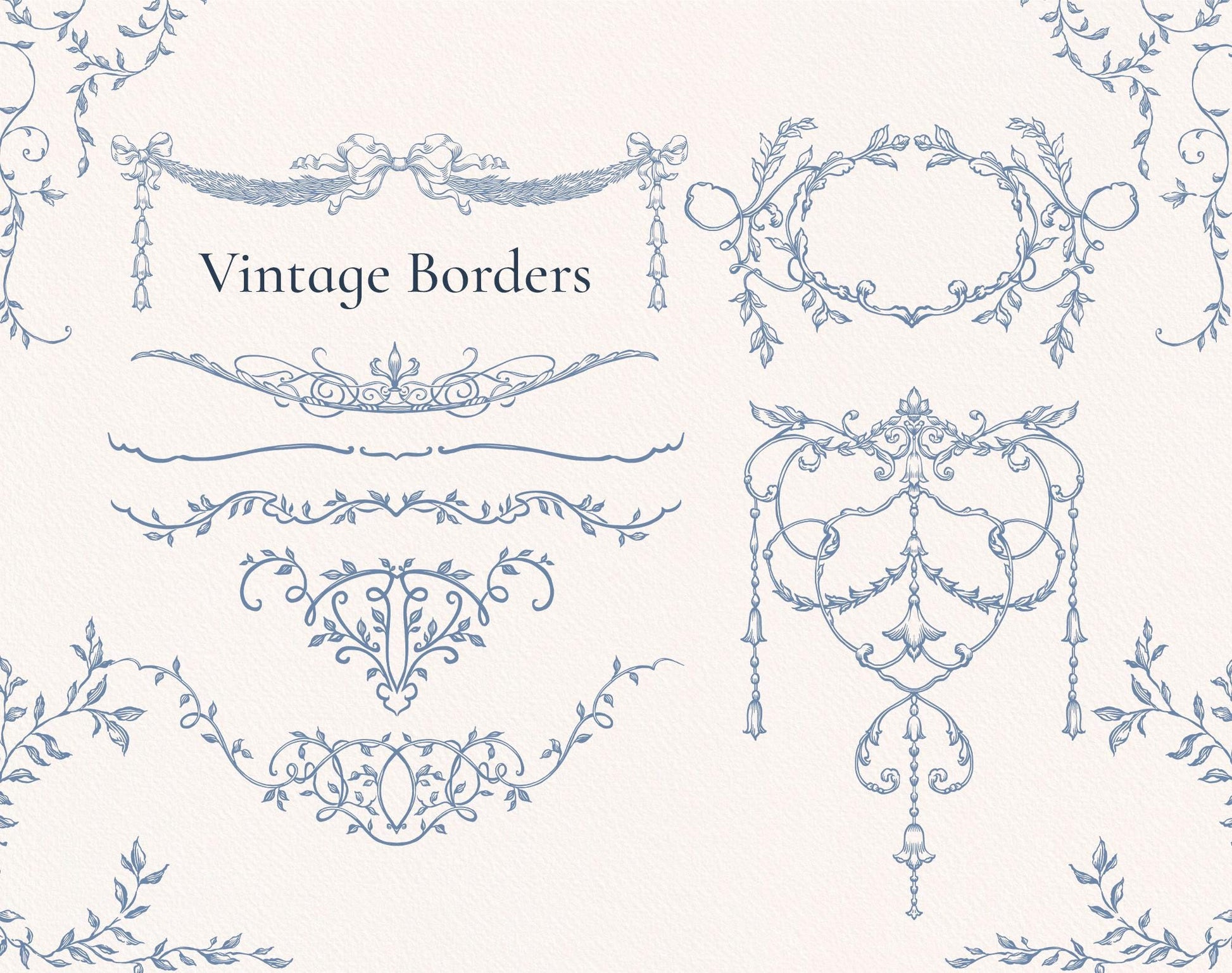 Rose-garland borders and hanging swag samples — Ornella Blue ‘Vintage Borders’ sheet