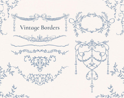 Rose-garland borders and hanging swag samples — Ornella Blue ‘Vintage Borders’ sheet