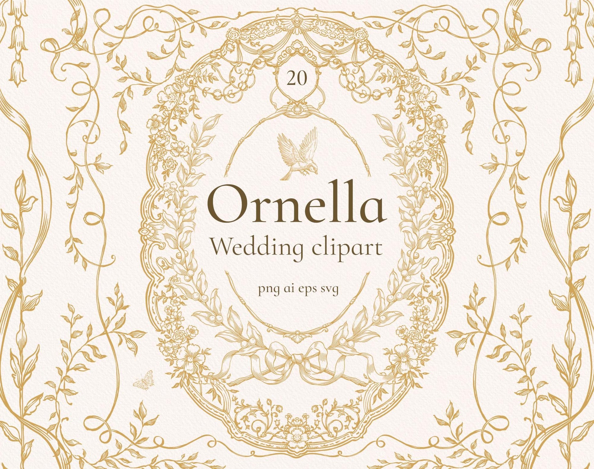 Ornella Gold clip-art pack — ornate gold floral oval frame with ribbon scrolls, dove and trailing vines