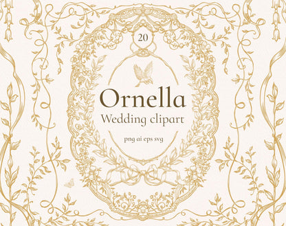Ornella Gold clip-art pack — ornate gold floral oval frame with ribbon scrolls, dove and trailing vines