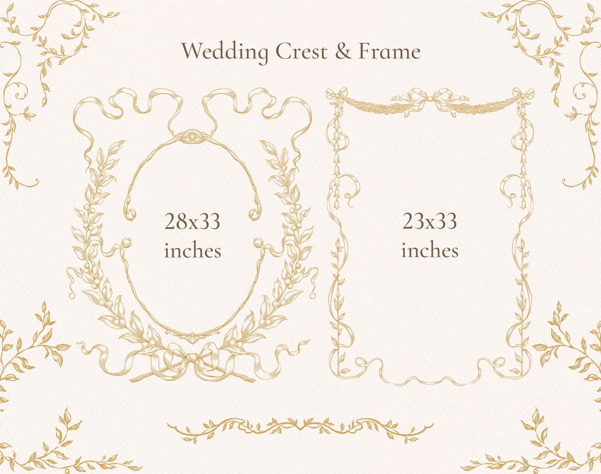 Wedding crest and frame size guide — Ornella Gold 28×33 in and 23×33 in