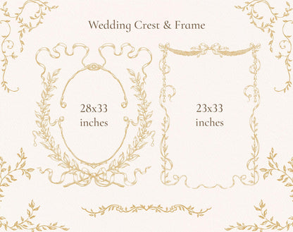 Wedding crest and frame size guide — Ornella Gold 28×33 in and 23×33 in